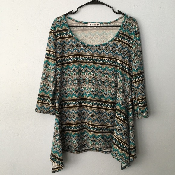 Wilde Patterned 3/4 Sleeve Assymetrical Tunic Pullover XL - Picture 1 of 6